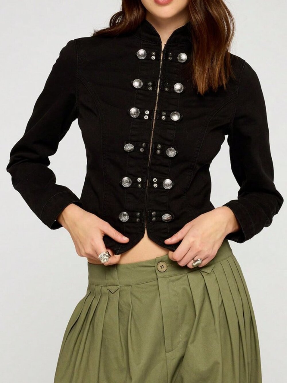 Black Casual Women's Dark Wash Denim Military Fitted Jacket - Picture 3 of 5